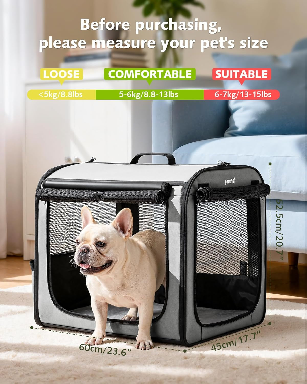 Dog Car Carrier Stable and Light Weight, 61×45×52Cm Dog Carrier for Cars, Portable Dog Car Crate with Breathable Windows, Foldable Pet Carrier for Both Indoor and Outdoor Use, Pet Travel Crate Grey
