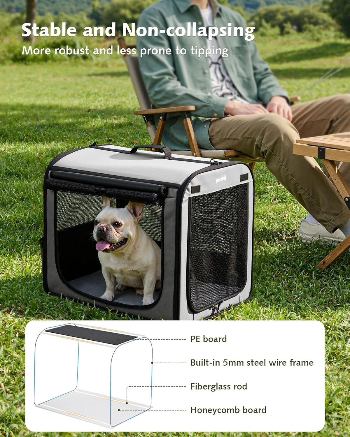Dog Car Carrier Stable and Light Weight, 61×45×52Cm Dog Carrier for Cars, Portable Dog Car Crate with Breathable Windows, Foldable Pet Carrier for Both Indoor and Outdoor Use, Pet Travel Crate Grey