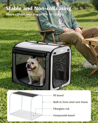 Dog Car Carrier Stable and Light Weight, 61×45×52Cm Dog Carrier for Cars, Portable Dog Car Crate with Breathable Windows, Foldable Pet Carrier for Both Indoor and Outdoor Use, Pet Travel Crate Grey