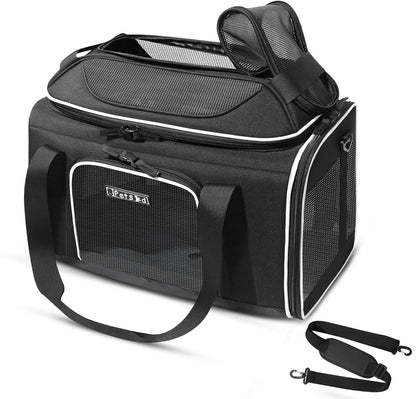 Top-Expandable Pet Carrier 18X11X11 Inches Delta American United Airline Approved, Soft-Sided Carrier for Small Cats and Dogs with Locking Safety Zippers and Anti-Scratch Mesh(Black)