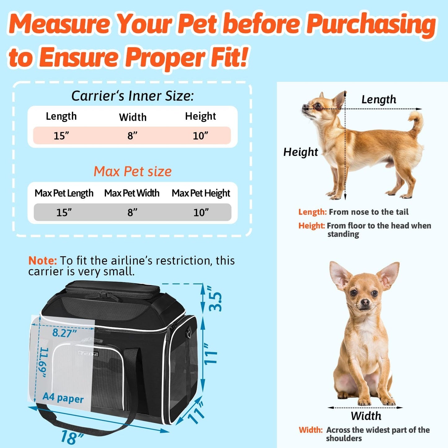 Top-Expandable Pet Carrier 18X11X11 Inches Delta American United Airline Approved, Soft-Sided Carrier for Small Cats and Dogs with Locking Safety Zippers and Anti-Scratch Mesh(Black)