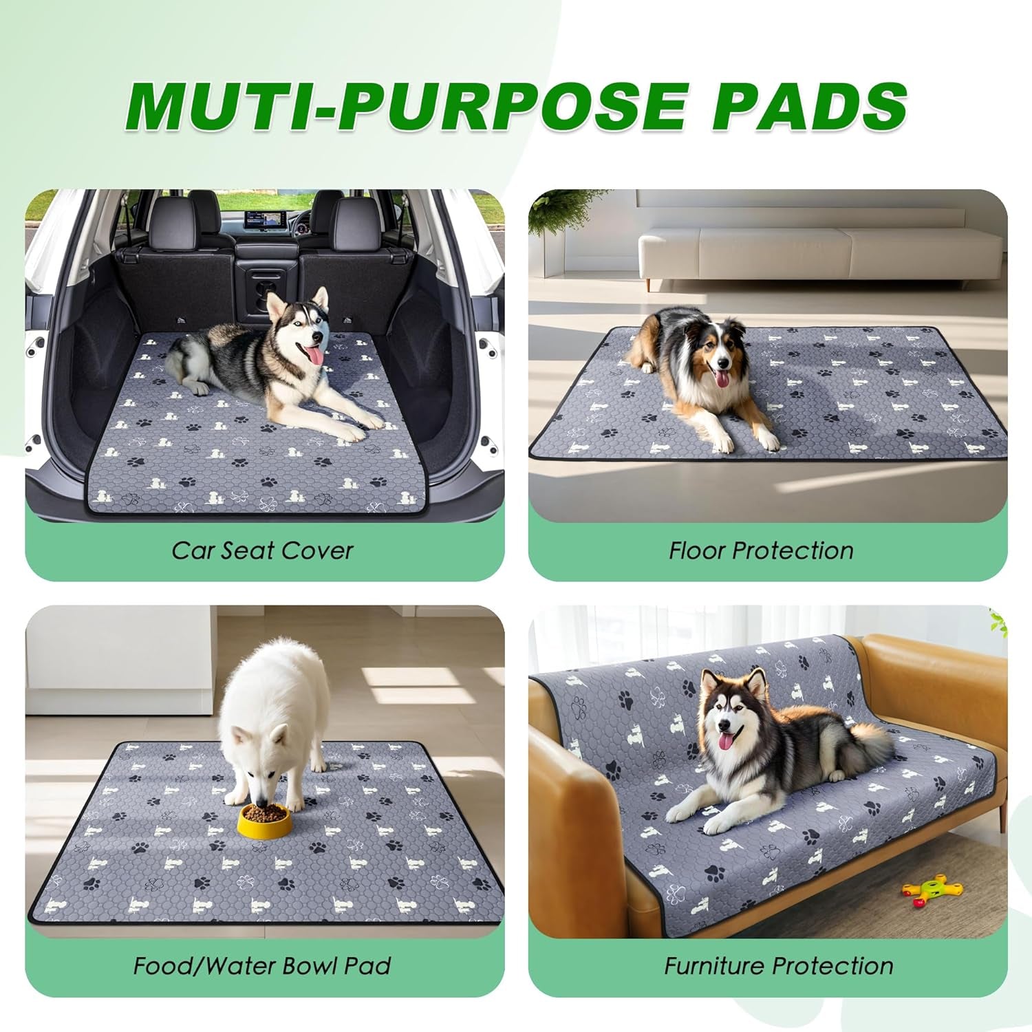 Washable Pee Pads for Dogs, 2 Pack Absorbent Reusable Training Dog Pads Pet Puppy Pads, Non-Slip Potty Pads for Whelping, Playpen, Crate, Bed, Gray, 24"X36"