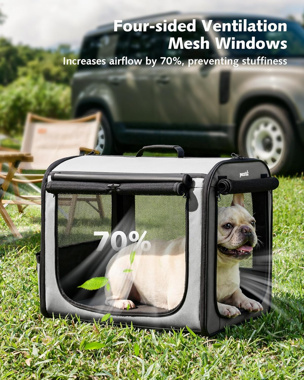Dog Car Carrier Stable and Light Weight, 61×45×52Cm Dog Carrier for Cars, Portable Dog Car Crate with Breathable Windows, Foldable Pet Carrier for Both Indoor and Outdoor Use, Pet Travel Crate Grey