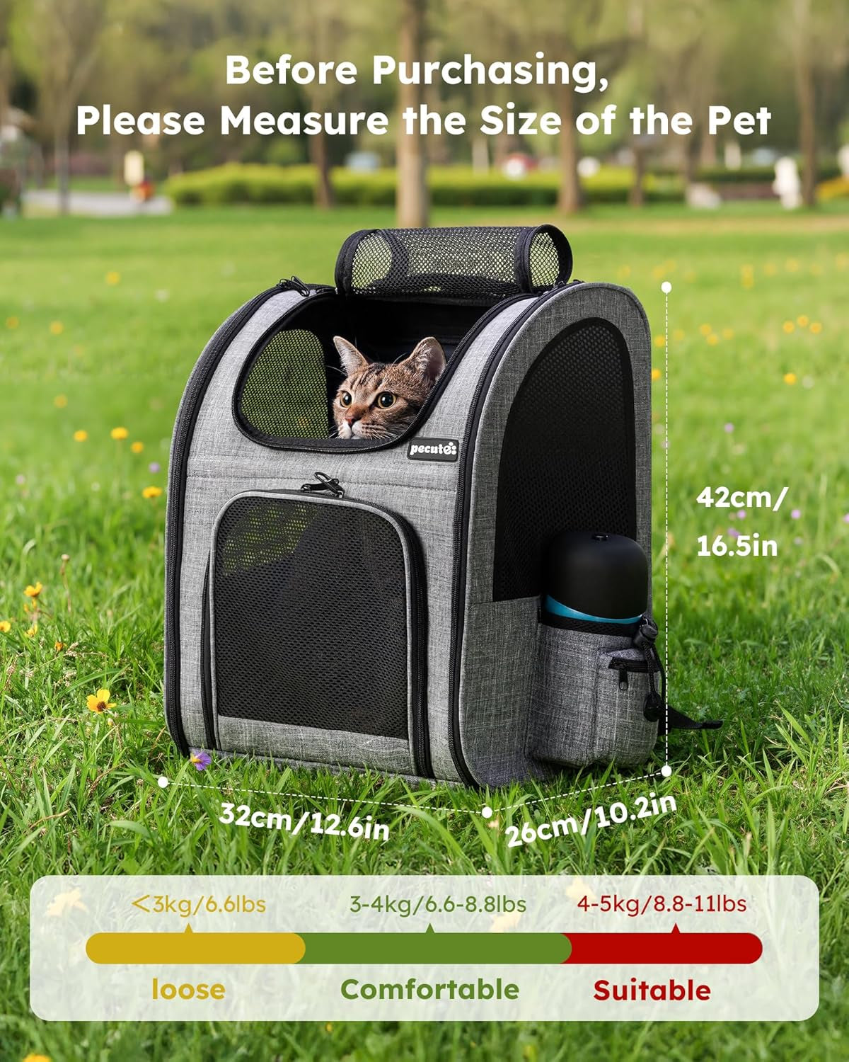 Cat Carrier Dog Backpack, Portable Breathable Rucksack with Front Opening-Mesh Window-Pockets, Airy Space Great for Carrying Puppy Dogs Cats up to 8KG