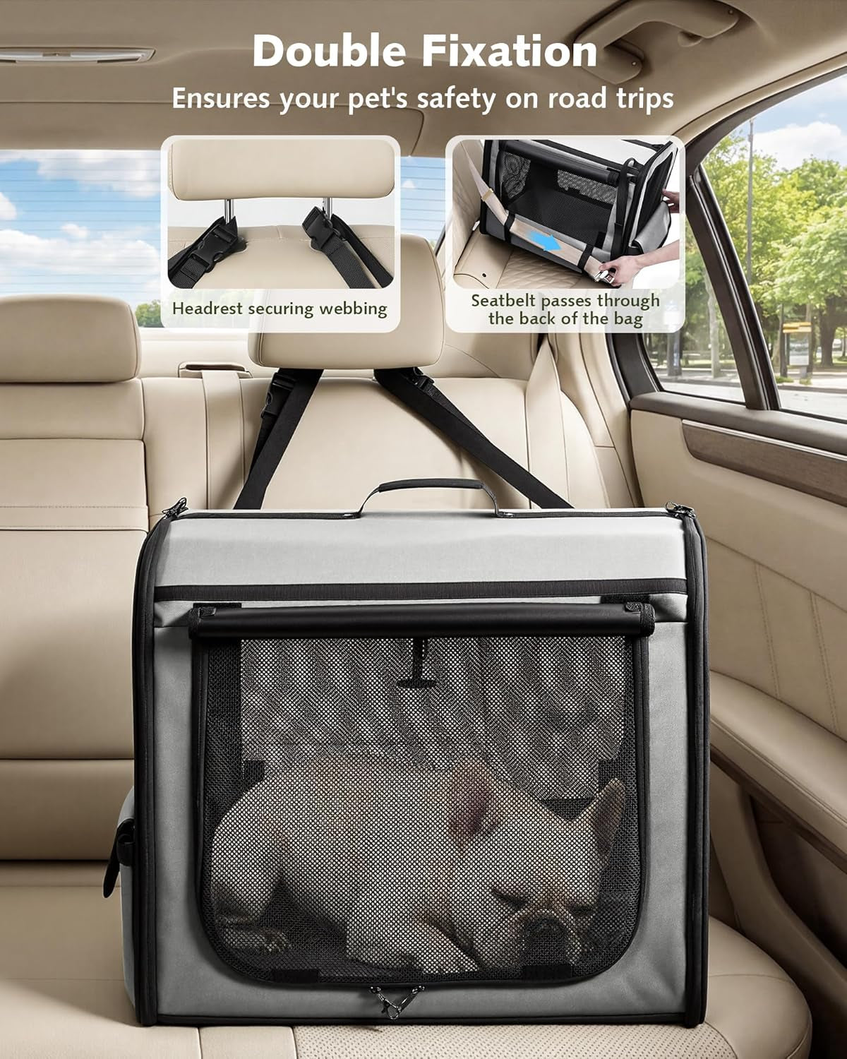 Dog Car Carrier Stable and Light Weight, 61×45×52Cm Dog Carrier for Cars, Portable Dog Car Crate with Breathable Windows, Foldable Pet Carrier for Both Indoor and Outdoor Use, Pet Travel Crate Grey