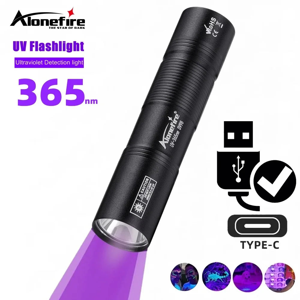 365Nm UV Flashlight USB Rechargeable Mini Palm Ultraviolet Nail Lamp Torch Pets Urine Cat Tinea Money Ore Marker Detection Light