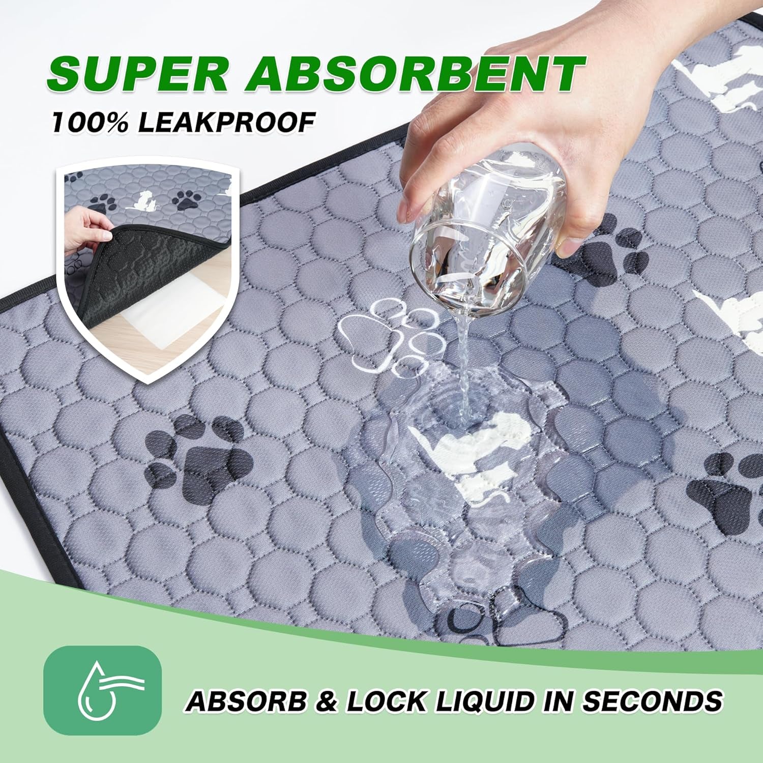 Washable Pee Pads for Dogs, 2 Pack Absorbent Reusable Training Dog Pads Pet Puppy Pads, Non-Slip Potty Pads for Whelping, Playpen, Crate, Bed, Gray, 24"X36"