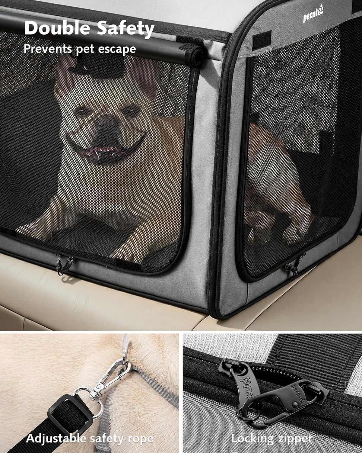 Dog Car Carrier Stable and Light Weight, 61×45×52Cm Dog Carrier for Cars, Portable Dog Car Crate with Breathable Windows, Foldable Pet Carrier for Both Indoor and Outdoor Use, Pet Travel Crate Grey