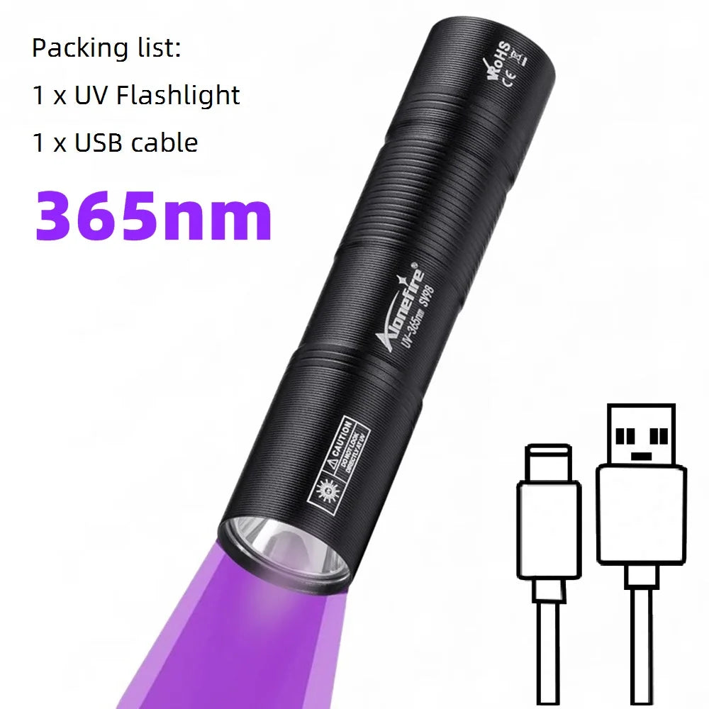 365Nm UV Flashlight USB Rechargeable Mini Palm Ultraviolet Nail Lamp Torch Pets Urine Cat Tinea Money Ore Marker Detection Light
